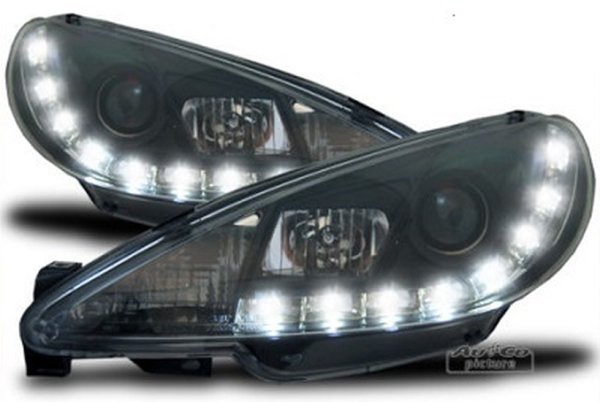 Scheinwerfer Set mit LED Tagfahrlicht Optik f&uuml;r PEUGEOT 206 / 206 CC